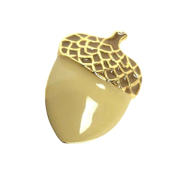 SFJ Signed Acorn Brooch Pin Goldtone Beige Enamel 4837 - Picture 1 of 4